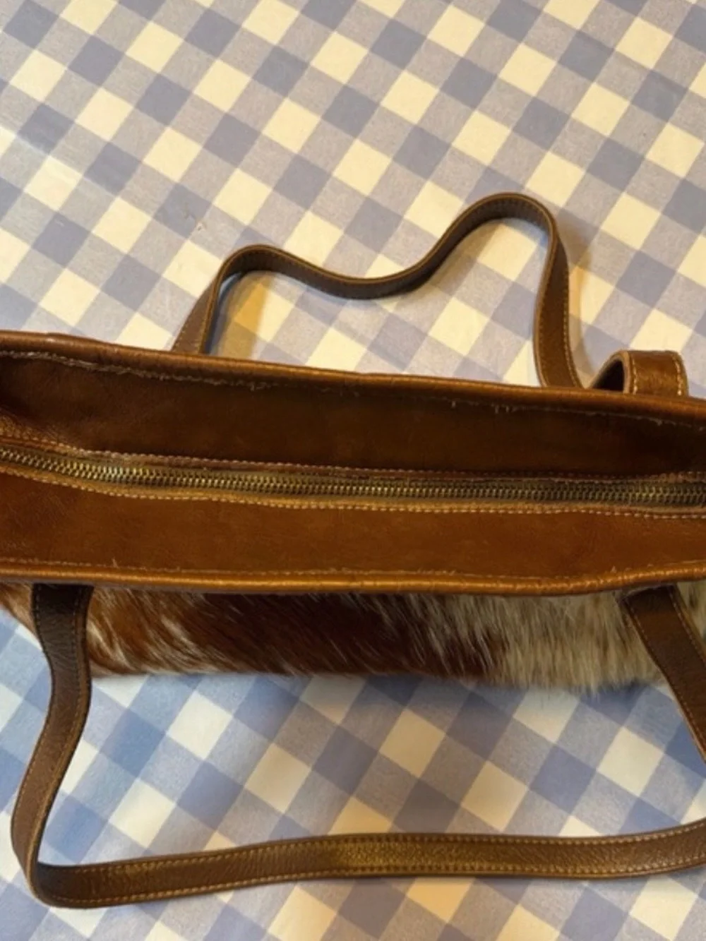 Brown and Cream Leather Haircalf Tote Bag